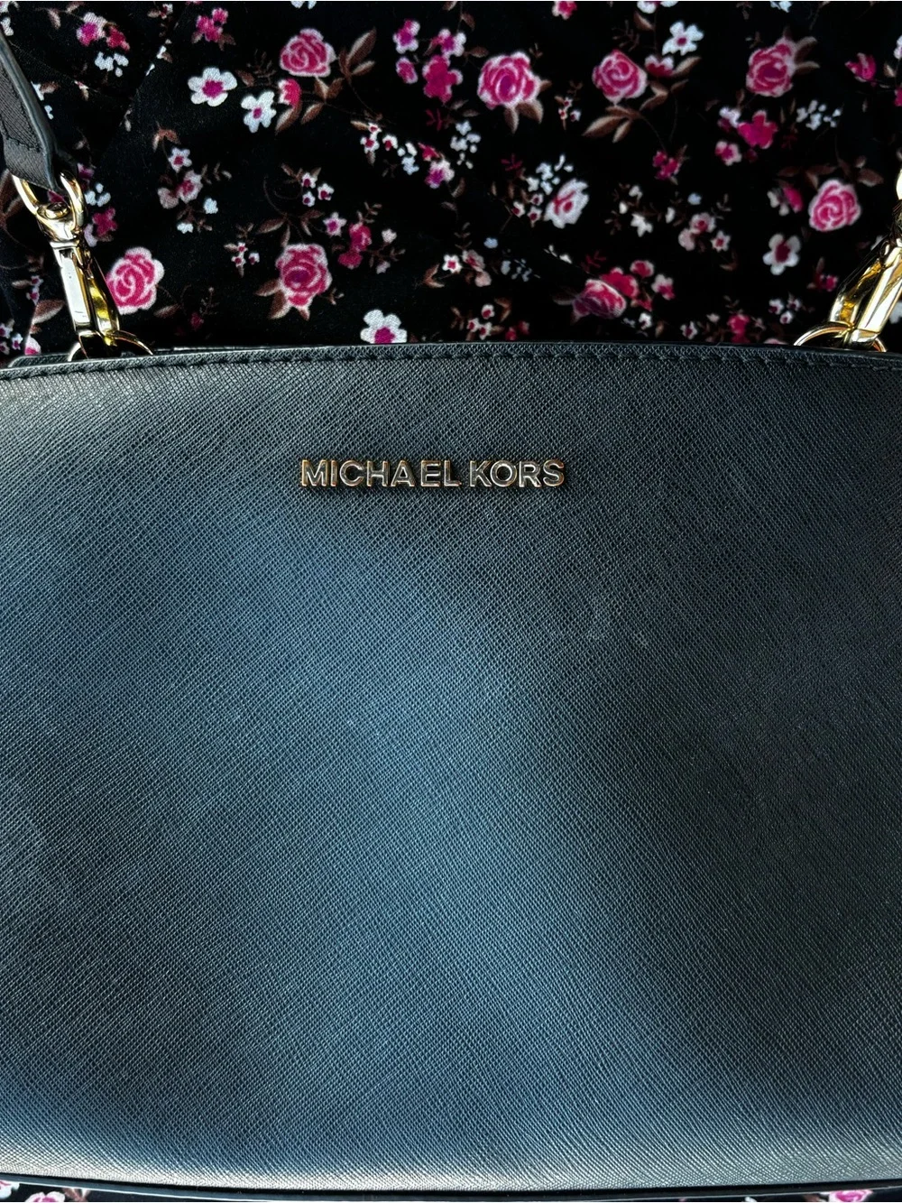 Michael Kors Black Saffiano Leather Shoulder Tote with Gold Hardware